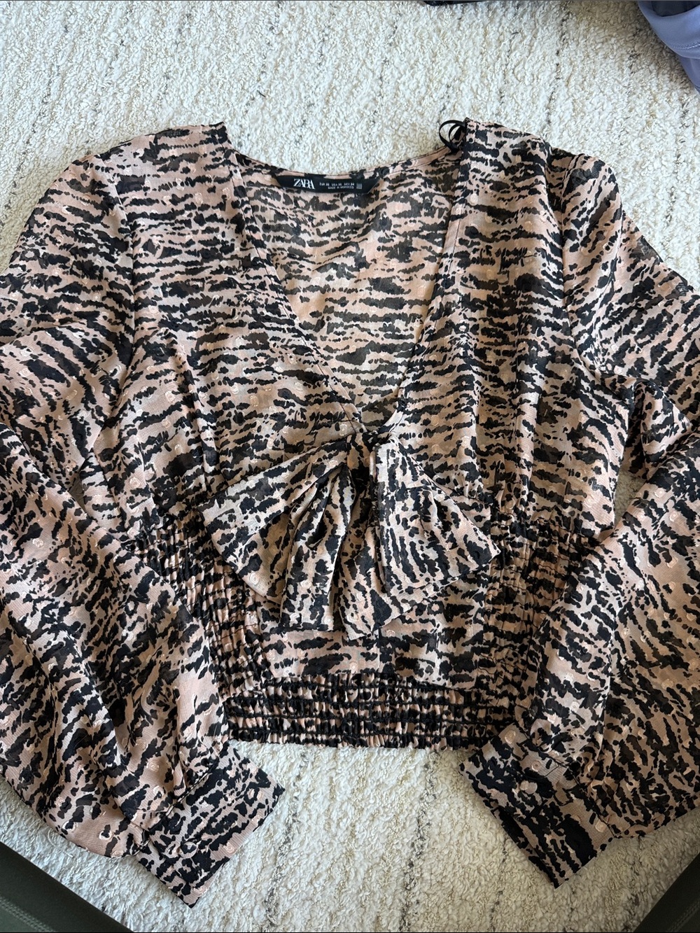 Zara Blush Pink and Black Printed V-Neck Ruffle Blouse